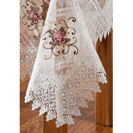 LinenZone White Farmhouse Tablecloth with Colorful Flower Design. 60 Inch Round Tablecloth for Small Table, Dresser, Coffee Table. Lace Tablecloth for Farmhouse Table Decor. (Viola 60 Round, White)