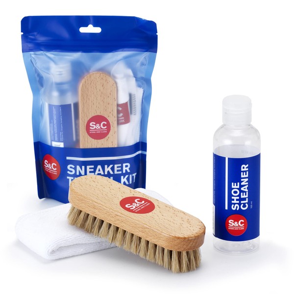 Stone and Clark Kit de viaje para zapatos con cepillo para zapatos, solución de limpieza de 100 ml, toalla de microfibra, para cuero, lona, goma, espuma, vinilo