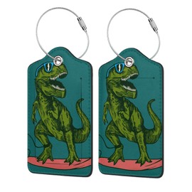 Surfing Dinosaur 2 Pack Luggage Tags, Unique Leather Suitcase Tags Identifiers with Privacy Name Address Labels & Durable Steel Loop