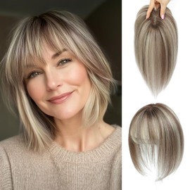 UIPEUBO Hair Toppers for Women Real Human Hair Toppers with Thinning Hairpieces for Women with Bangs 10 Inch Human Hair Topper for Cover Gray Roots (4T6/613#)
