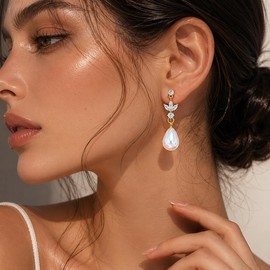 ZENCHEER Pearl Dangle Clip On Earrings for Women - 14K Gold Silver Plated Cubic Zirconia Pearl Drop Earrings Trendy Long Non Pierced Bridal Earrings Fashion Jewelry Gifts