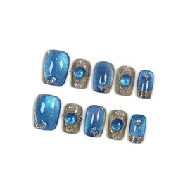 hantyer Uñas Postizas Cuadradas Cortas A Presión, Estilo Barroco, Con Efecto Espejo Azul, Efecto Ojo De Gato, Con Polvo Brillante Y Diseño De Hielo, 10 Unidades Con Kit De Herramientas, Pintadas A Man