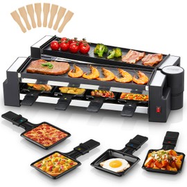 FOHERE Raclette Grill, 2-in-1 Rotatable Electric Indoor Raclette Table Grill, 1400W Raclette Machine for 8 with Reversible Non-Stick Plates, Includes 8 Cheese Pans for Family and Parties Fun