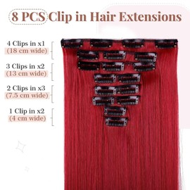 TESS Clip-In Extensions Like Real Hair, Synthetic Hair, 8 Pieces, 18 Clips, Hair Extensions, Straight Hair, Ruby Red, 26 Inches (66 cm), 140 g