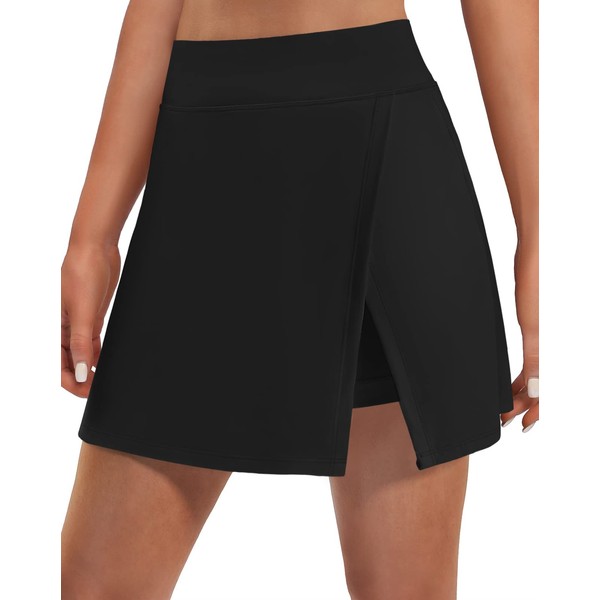 Ewedoos Skort with Slit Golf Skirts for Women with Pockets High Waist Tennis Skirt Athletic Skirt Running Workout Casual Black