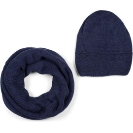 styleBREAKER Unisex Knitted Loop Scarf and Hat Set, Plain Knitted Scarf with Beanie Knitted Hat, Winter 01018214, darkblue