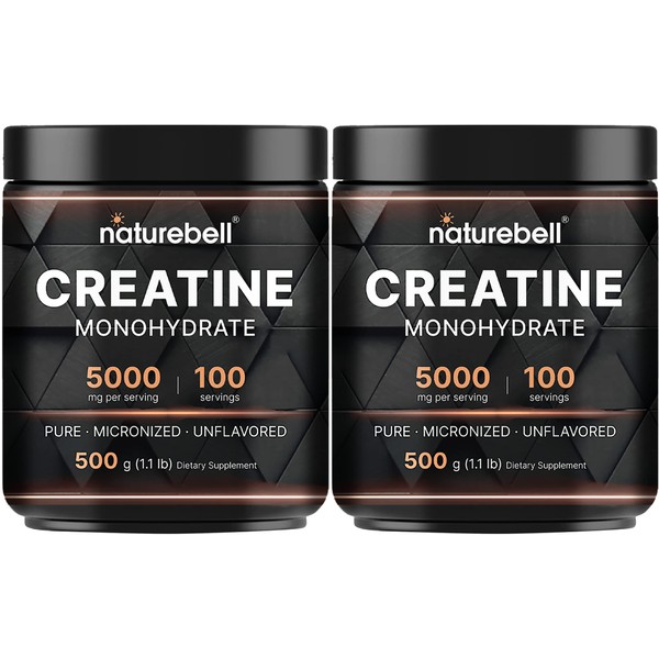 NatureBell 2 Pack Creatine Monohydrate Powder 500 Grams, 5000mg Per Serving, Pure Unflavored Creatine Powder - Micronized - Pre Workout | Keto | Vegan | Dissolves Easy | Filler Free