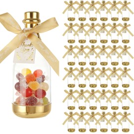 LOLYSIC 36PCS Mini Champagne Bottle Candy Container Shaped Jars Gold Plastic DIY Favor Candy Bottle Wedding Party Favor Containers, Comes with Card and Bow Ribbon