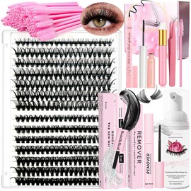 DIY Lash Extension Kit 280 Pcs 9-16mm 30D+40D Individual Lashes Clusters with Lash Bond and Seal Glue Remover Eyeliner Mascara Tweezers Lash Shampoo Cleansing Brush Lash Brush