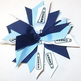 Cheer Pom Hair Bow, Made in the USA, White Pony Band, many colors (Navy/Light Blue)