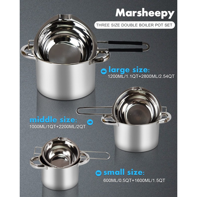Double Boiler Pot Set,1200ML Double Boiler for Chocolate Melting, 2800ML