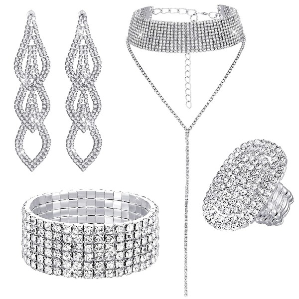 Fumete 4 Pcs Rhinestone Jewelry Set Bling Diamond Choker Necklace