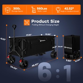 48" L Folding Beach Wagon Cart Foldable, 560LB Weight Capacity 300L Heavy Duty Collapsible Wagons with Big All-Terrain Wheels, Utility Carts for Groceries, Shopping, Camping, Sports - Black