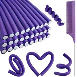 Juego de 30 rulos flexibles morados de 24 cm (9,45") para cabello corto y largo, rulos de espuma sin calor con peine de acero.