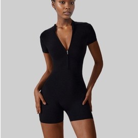 Women's All-in-One Summer Zipper Short-Sleeve Yoga Jumpsuit for Dance & Fitness M/Black 5ea
