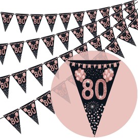 80th Birthday Bunting, Happy Banner Bunting Flags, 40 Pieces Triangle Rose Gold Glitter Diamond by Numbers 80th Birthday Anniversary Theme Party Decoration Supplies