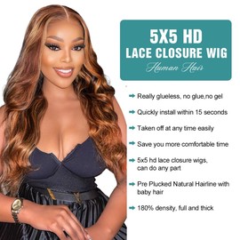Allove 32 Inch Glueless Wigs Human Hair Pre Plucked Pre Cut 5x5 HD Lace Closure Wigs Human Hair 180% Density Body Wave Lace Front Wigs Human Hair Ombre Highlight Honey Blonde Lace Wig