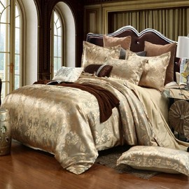 DXHOME Bed Linen 135 x 200 cm, Gold Beige Silk Satin Duvet Cover Set, 2-Piece Smooth Shiny Reversible Bed Linen, Microfibre, Two Piece Jacquard Floral Pattern Bedding Set, Single Bed, with Zip