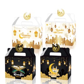 Partystadl 24 pcs Mubarak gift boxes for Ramadan and Eid. Small, recyclable, printed cardboard boxes. Good for candies, cookies and snacks. With handles. For parties. 4 patterns. Discount available.