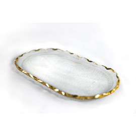Badash Goldedge Glass Serving Tray - 14" x 8" Hand-Decorated Gold Leaf Chiseled Edge Oval Food-Safe Snack or Vanity Tray