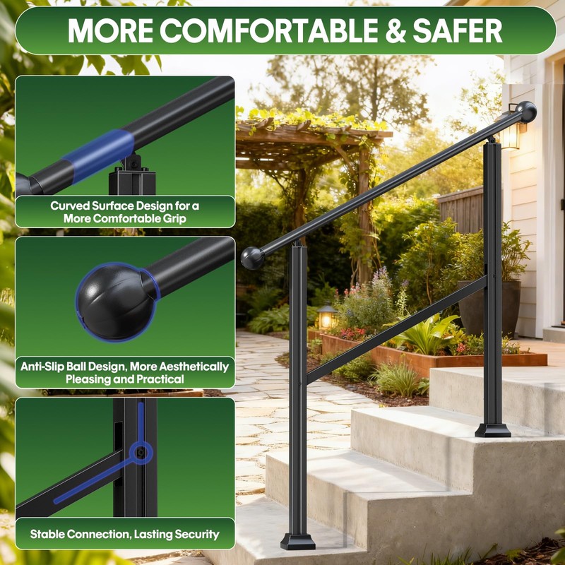 ORWOD 3-Step Outdoor Stair Railing, Adjustable Handrails for Outdoor Steps
