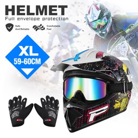 H-YEEU Motocross Dirt Bike Helmets BMX MX Off-Road Full Face Helmet with Gloves Goggles for Unisex Adult DOT/FMVSS 218 Approved XL