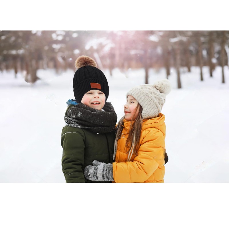 MAILEKT 3-in-1 Children's Winter Hat Scarf Gloves Set, black