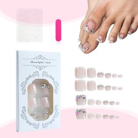 Crystal Diamond French Tip Press on Toenails Sparkling Short Square Fake Toenails with Rhinestone Designs False Toenails Pink Full Cover False Nails Glue on Toenails for Women Manicure Decor24Pcs