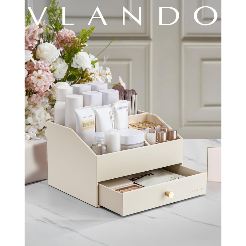 Vlando Makeup Organzier,Vanity Organizer with Drawers, PU Leather Skincare Organizer