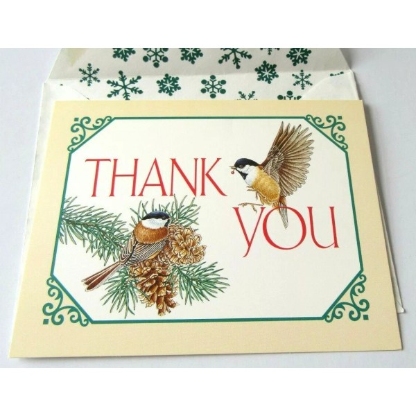 Vintage Christmas Card Blank Donald Two Otter Chickadees Pine Cones