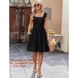 Zeagoo Black Dresses for Teens Romper Dress Womens Square Neck Dresses Ruffle Sleeve Casual pettieed Ditsy Tiered Mini Dress Beach Swing Hem Tunic Boho Cover Up Hawaiian A Line Dress
