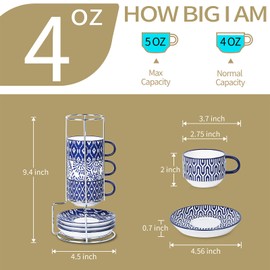 Selamica Ceramic Espresso Cups with Saucers and Metal Stand, 4 OZ Stackable Cappuccino Cups, Demitasse Cups for Latte Coffee Café Mocha Tea, Set of 4, Vintage Blue