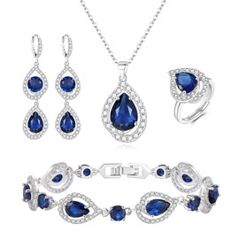 EVER FAITH Formal Costume Jewelry Set for Prom Party, Created Sapphire Birthstone Cubic Zirconia Necklace Earrings Tennis Bracelet Ring Sets for Valentine's Day/Mother's Day Blue Silver-Tone