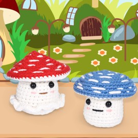 CROCHET BOX Crochet Kit for Beginners: 2 PCS Mushroom Starter Amigurumi Crochet Kit, Red & Blue, Include Soft Yarn, Step-by-Step Video Tutorials, Accessories, Gift for Adults Women
