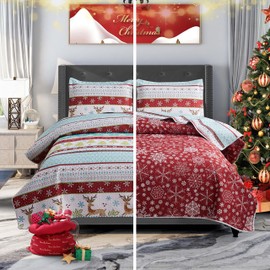 Jarson Christmas Quilt Set King Size 3-Piece Xmas Bedspread Coverlet with Reindeer Pattern for New Year Bed Decor, Lightweight Soft Comforter Bedding Cover for All Season(1 Quilt + 2 Pillow Shams)