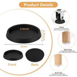 8 Pcs Non Slip Furniture Pads, Round Rubber Furniture Caster, Furniture Leg Protectors, 2.5 Inch Floor Protector Furniture Caster Cups Anti Sliding Pads for Bed, Sofa, Chair, Table, Piano (Black)