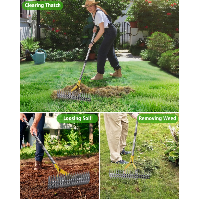 Thatch Rake,Dual-Sided Lawn Dethatcher with Stainless Steel Tines Efficient Thatching
