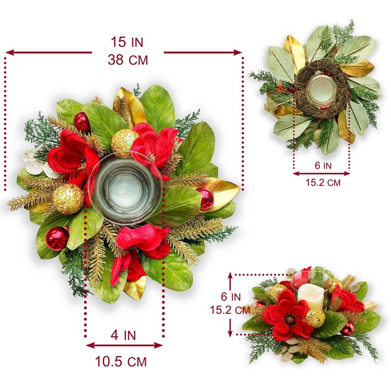 YULETIME 18-in Centerpiece with Flameless LED Candle Holder, Red Magnolia