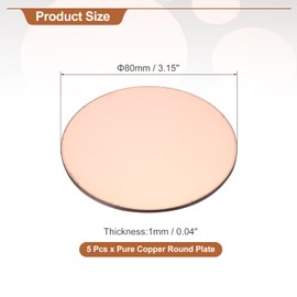 MECCANIXITY 5 Pcs Round Copper Plate, 80mm (3.15") Dia Pure Copper Sheets, 1mm(0.04") T2 Pure Copper Plates for Crafts, DIY, Electrical Repairs, Industrial Use