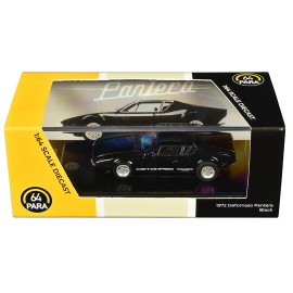 DCD 1972 De Tomaso Pantera Black 1/64 Scale Diecast Model Car by Paragon Models for Boys Metal Vehicle with Functional Wheels