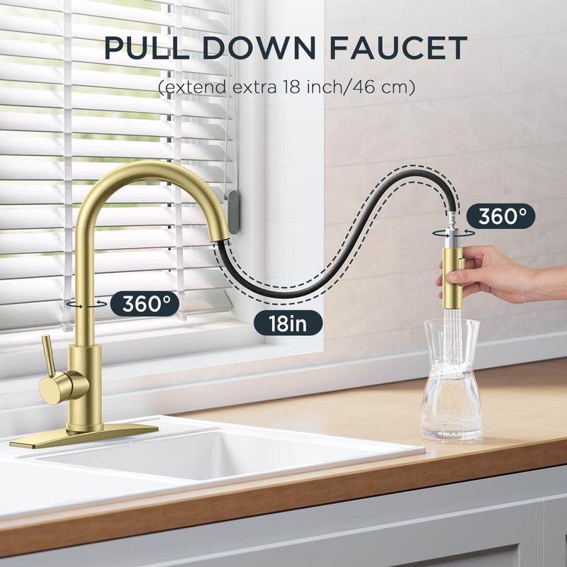 FORIOUS Gold Kitchen Faucet with Pull Down Sprayer, High Arc