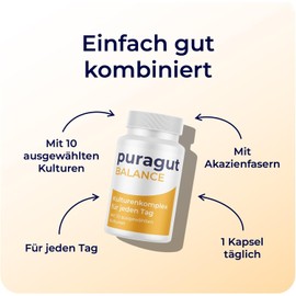 puragut Balance - Cultural Complex for Every Day - With 10 Selected Cultures - Bifidobacteria, Lactobacillus and Acacia Fibres - 60 Capsules
