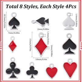 SUNNYCLUE 1 Box 32Pcs 8 Styles Poker Charm Playing Card Charms Bulk Silver Metal Alloy Enamel Red Black Hearts Spades Clubs Diamonds Dangle Charm for Jewelry Making Charms Earrings DIY Crafts Supplies