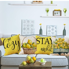 Ogiselestyle Watercolor Lemon Truck Get Cozy Stay Awhile Throw Pillow Covers, 18 x 18 Inch Yellow Lemon Basket Summer Cushion Case for Sofa Couch Set of 4
