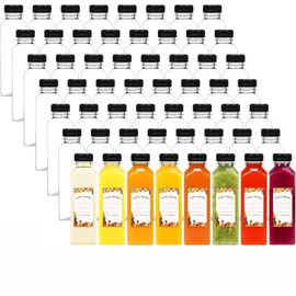 TOMNK 56pcs 16oz Plastic Juice Bottles with Caps, Clear Empty Reusable Containers with Brush Funnel and Labels for Coffee Smoothies Ginger and Other Beverages
