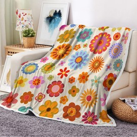 DeeCabin Retro Colorful Sun Floral Throw Blanket, Vintage Hippie Funky 70s Sun Flowers Boho Aesthetic Groovy Flannel Throw Blanket for Chair Bed Sofa Couch, 50X60IN