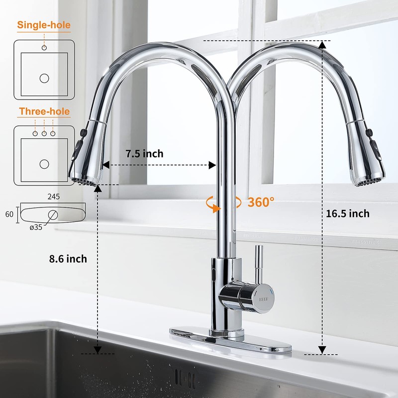 Keer Touchless Faucet with Pull-Down Sprayer, Polished Chrome, Hands-Free, 3