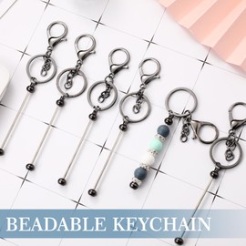 Huwena 6 Pcs Beadable Keychain Bars Blanks Bead Keychain Metal Beaded Keychain for Pendant DIY Crafts Jewelry Making Gift (Grey)