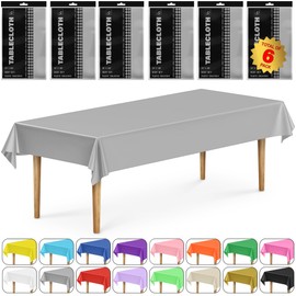 DecorRack 6 Rectangular Tablecloths BPA-Free Plastic, 54 x 108 inch, Dining Table Cloth, Rectangle Table Cover for Parties, Picnic, Camping and Outdoor, Disposable or Reusable, Silver (6 Pack)
