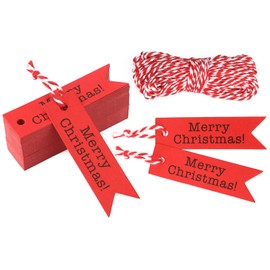 joycraft 100Pcs Merry Christmas Gift Tags, 2.75x0.75 inch Christmas Kraft Paper Tags with String, Red Christmas Holiday Tags, Mini Xmas Name Tags for Gift Wrapping, DIY Crafts, Bottles